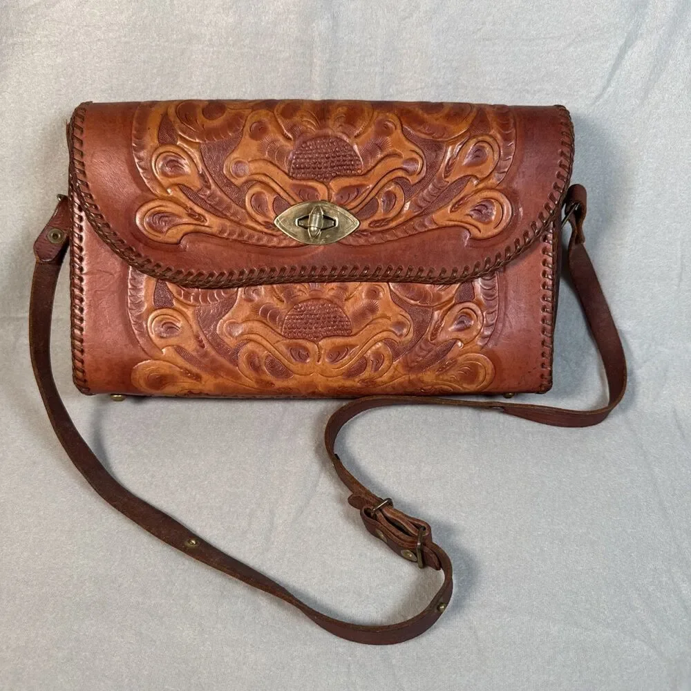 Jo-O-Kay Shoulder Bag Hand Tooled Leather Embossed Boho Western Vintage Joo Kay